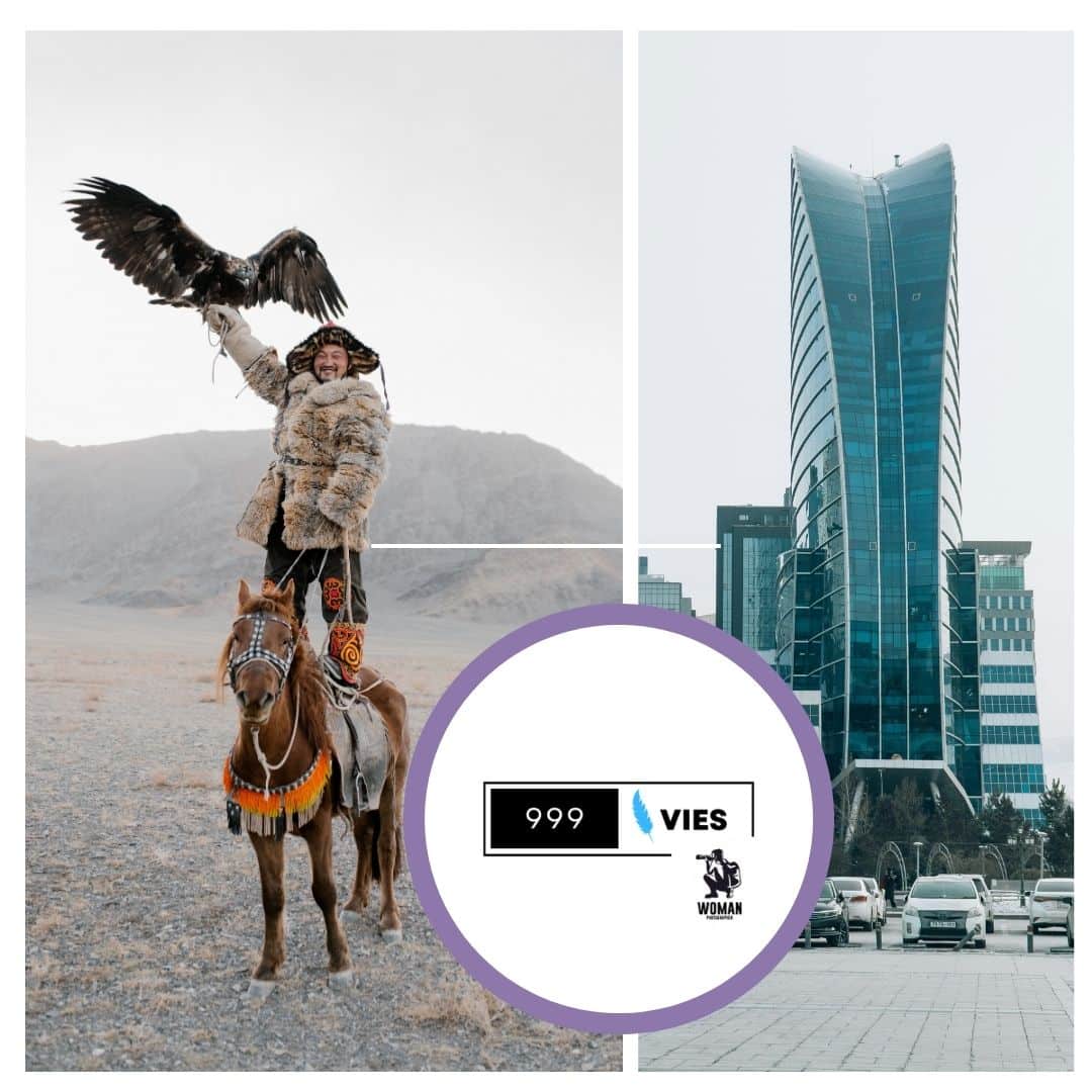 Montage promotionnel sur le voyage solo féminin en Mongolie avec cavalier, aigle des steppes et montagnes de l’Altaï. Contraste entre paysages naturels et bâtiments d’Oulan-Bator, avec logo “999 vies”
