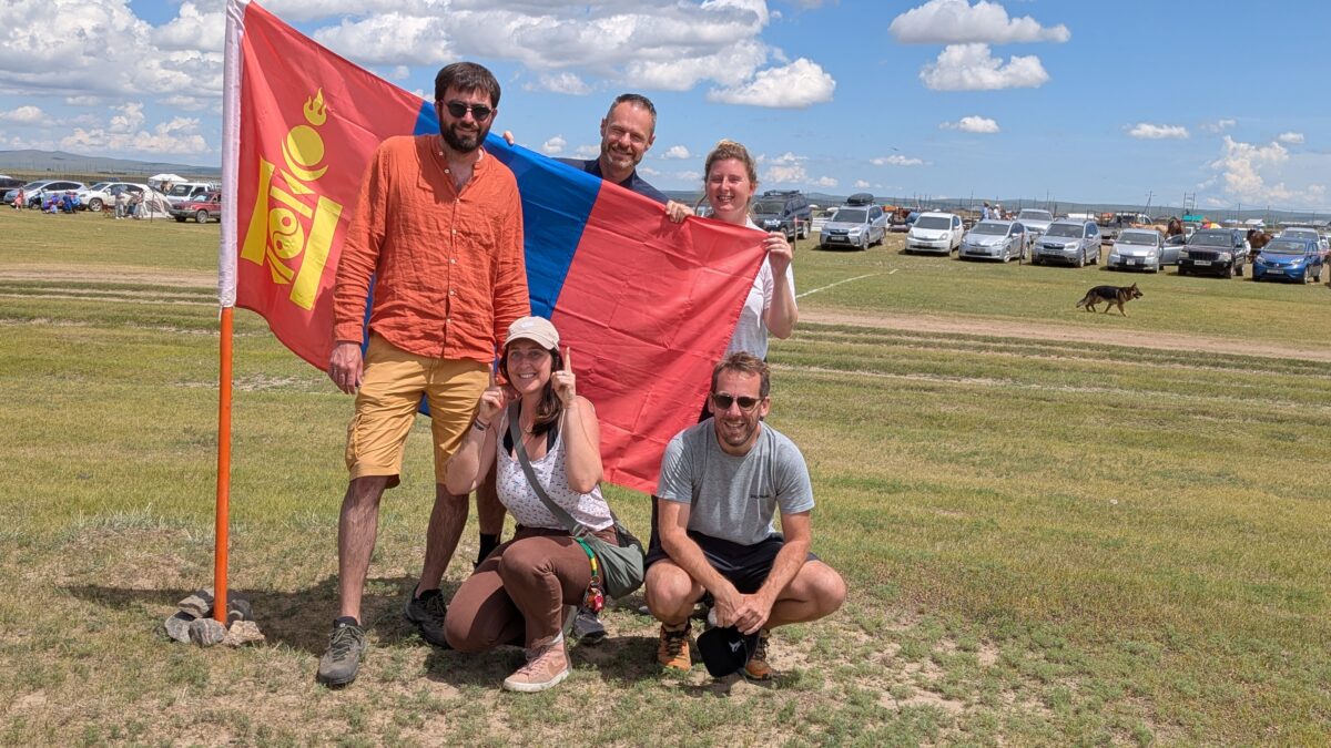 Plusieurs chevaux en licol lors du Naadam en Mongolie. Scène de préparation dans un événement traditionnel