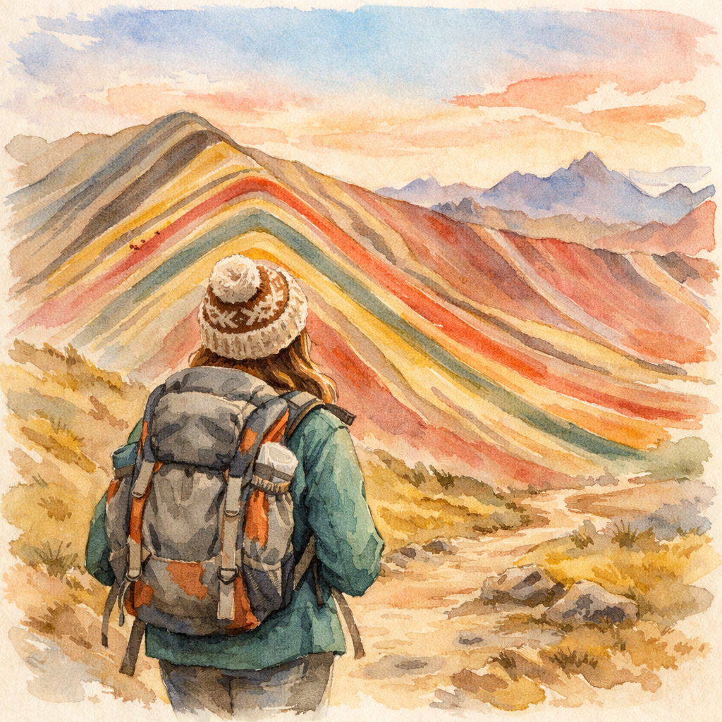 Femme portant un bonnet péruvien, debout devant la Montagne Colorée. Paysage spectaculaire aux strates colorées, symbole d’aventure et de découverte