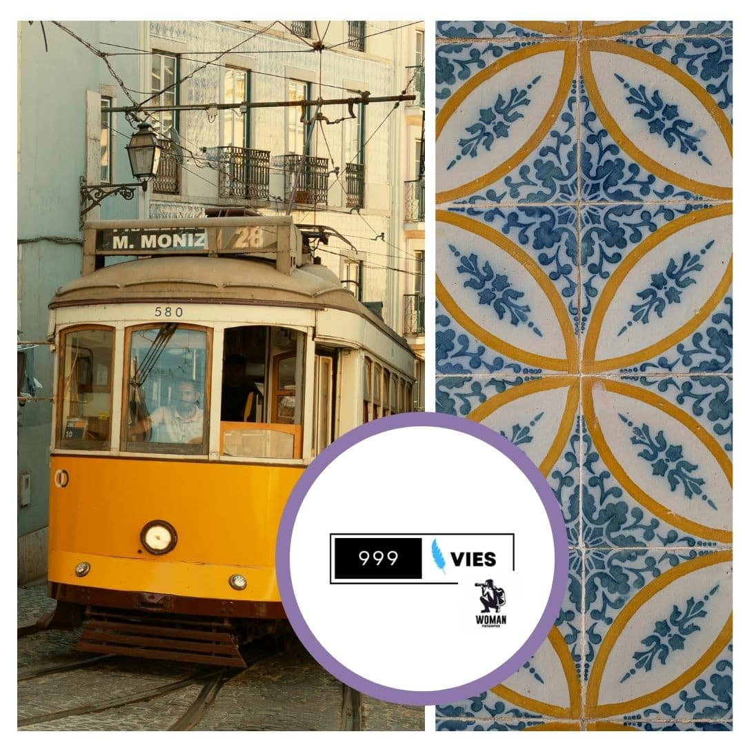 Montage promotionnel de Lisbonne avec azulejos à gauche et à droite. Visuel dédié au city trip 2026 et au voyage solo féminin