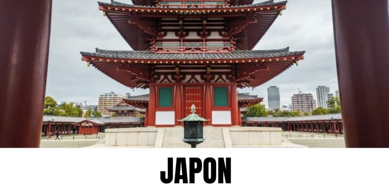 Temple japonais visible à travers un torii traditionnel, porte emblématique des sanctuaires shinto. Une scène qui illustre l’architecture et les traditions du Japon