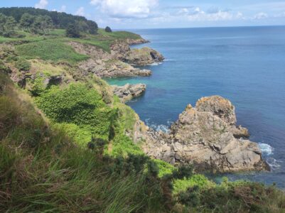 Paysage côtier du GR340 à Belle-Île-en-Mer, France, avec un rocher surplombant la mer