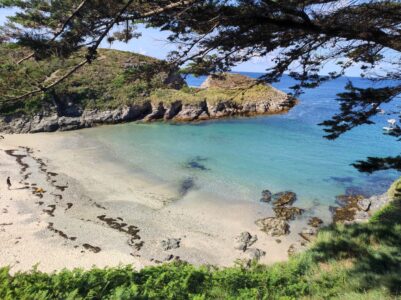 Paysage côtier à Belle-Ile-en-Mer, France, montrant la mer, les rochers et la végétation environnante