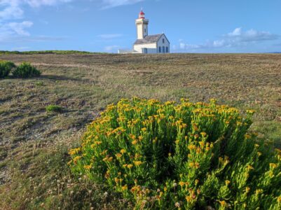 Paysage avec un phare le long du GR340 à Belle-Île-en-Mer, France