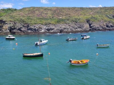 Paysage côtier avec plusieurs barques amarrées à Belle-Ile-en-Mer, France