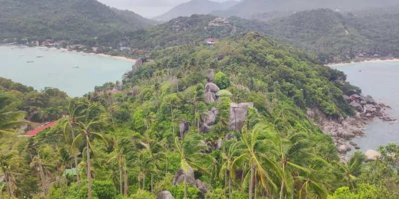 Photographie d'une baie entourée de montagnes et de forêts à Koh Tao