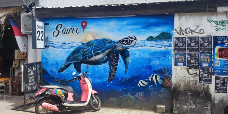 Street art d'une tortue à Koh Tao, avec un scooter rose en arrière-plan