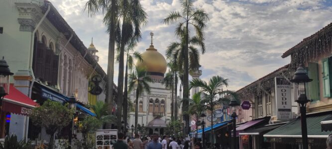 Photographie de Kampong Glam à Singapour, montrant des palmiers majestueux avec la mosquée Sultan en arrière-plan