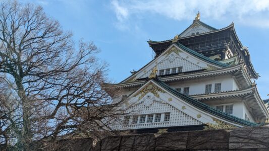 Château d'Osaka sous un ciel bleu avec des arbres dénudés en hiver