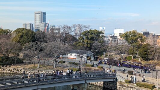 Vue du Château d'Osaka depuis le parc, entouré de verdure et de fleurs