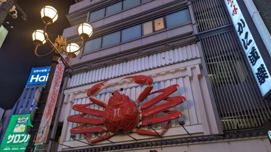 La ville est vraiment originale avec notamment la devanture des magasins & restaurants Façade d'un restaurant à Dotonbori représentant une araignée de mer en sculpture