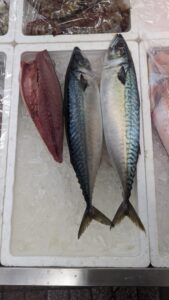 Deux poissons frais exposés sur un bac à glace dans un marché d'Osaka, représentant la gastronomie locale