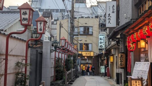 Enseignes lumineuses de Dotonbori avec un petit temple en arrière-plan