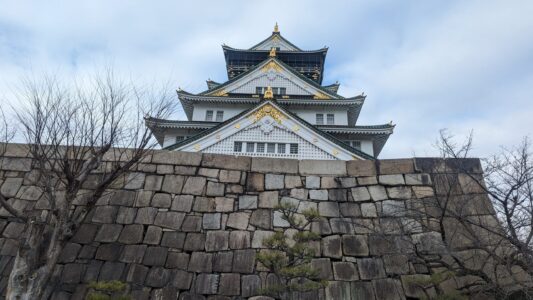 Vue du Château d'Osaka recouvert de neige en hiver, avec des arbres dépouillés autour et un ciel bleu clair