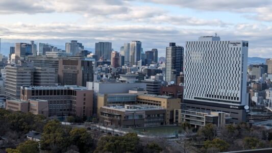 Vue panoramique de la ville d’Osaka depuis une hauteur, avec des gratte-ciels modernes qui dominent le paysage urbain, des quartiers animés, et des toits s'étendant à perte de vue jusqu'à l'horizon