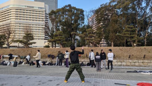 Danse dans les rues d'Osaka Image d'une performance de danse hip-hop en plein air devant le château d'Osaka, avec des danseurs en vêtements modernes et dynamiques
