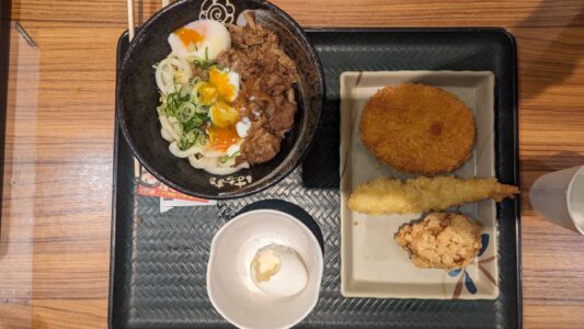 Image d'un plat de curry japonais accompagné de nouilles udon, présentés dans un style appétissant lors d'un food tour à Osaka