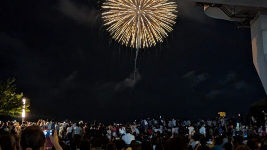 "Photographies du festival Nebuta d'Aomori avec des scènes locales animées, des chars illuminés entourés de foules de spectateurs, des danseurs haneto en costume et des feux d’artifice dorés illuminant le ciel nocturne