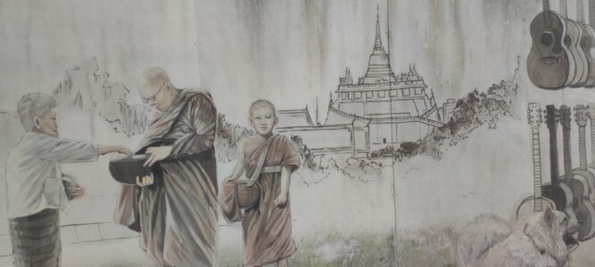 Street art représentant des moines thaïlandais devant un temple en noir et blanc