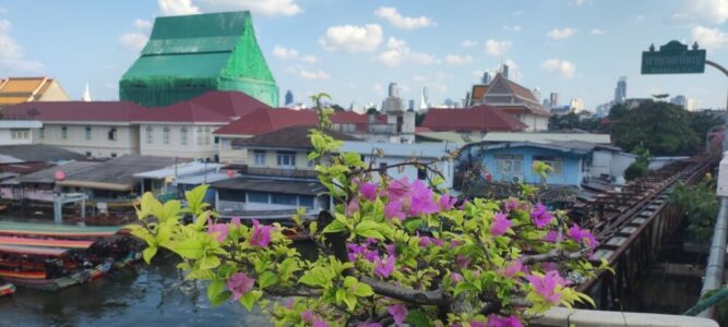 Vue d'un quartier de Bangkok avec des maisons, des temples et des fleurs colorées