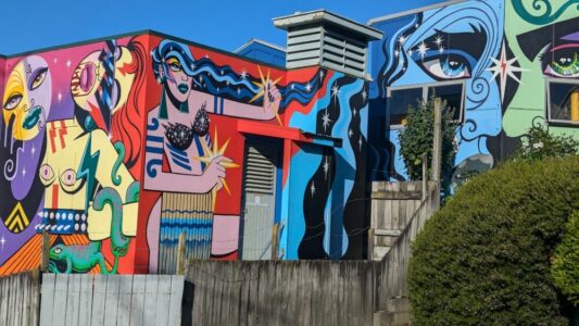 Fresque murale à Wellington d'une femme maorie aux couleurs vibrantes dans un style pop art. L'œuvre reflète l'identité culturelle néo-zélandaise avec une touche moderne