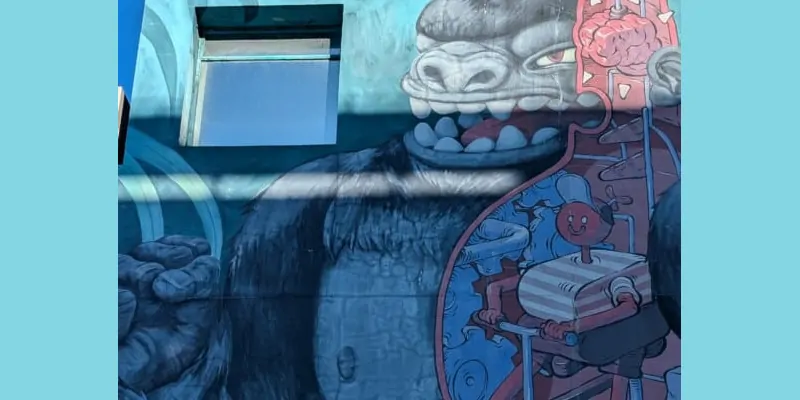 Un mur décoré de street art vibrant à Wellington, où l'architecture urbaine se mêle à des œuvres artistiques modernes. L'espace urbain devient une galerie en plein air