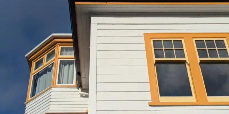 Maison architecturale à Wellington, peinte en jaune vif, se distinguant dans le paysage urbain
