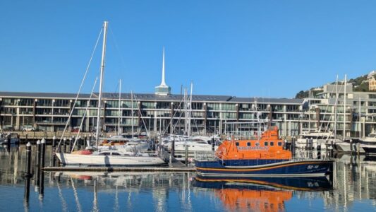 Bateaux orange et blancs amarrés au port de Wellington, reflets calmes sur l’eau Scène portuaire paisible aux couleurs éclatantes, typique du bord de mer néo-zélandais